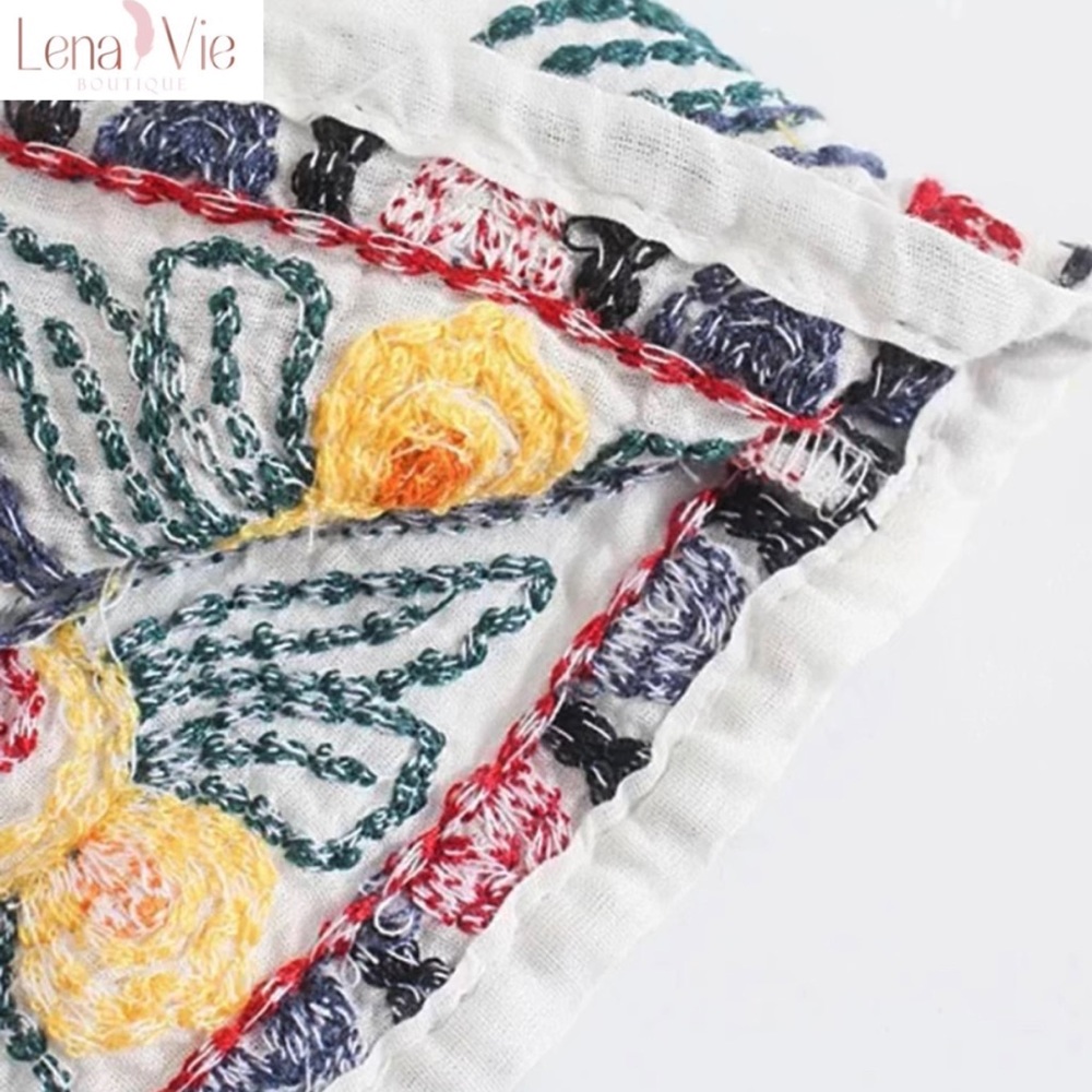 Boho Summer Embroidered Flared Kimono 2 Piece Skirt Set, Cotton Floral Koi Print - Picture 10 of 11